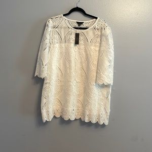 White Adiva lace shirt with full sleeves. Sheer neckline and sleeves. NWT
